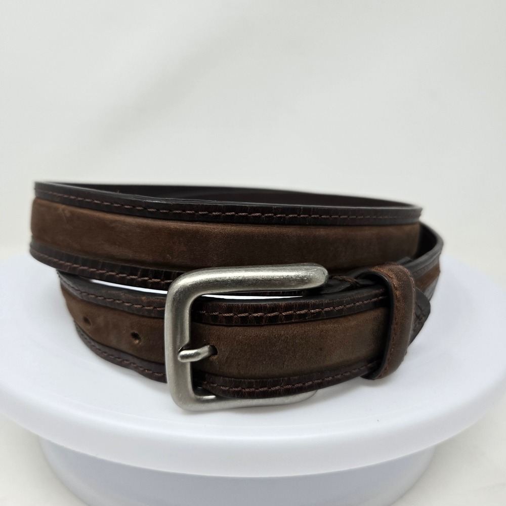 Columbia Mens Brown Leather Suede Inlay Belt Silver Buckle Size 44 11COL0216